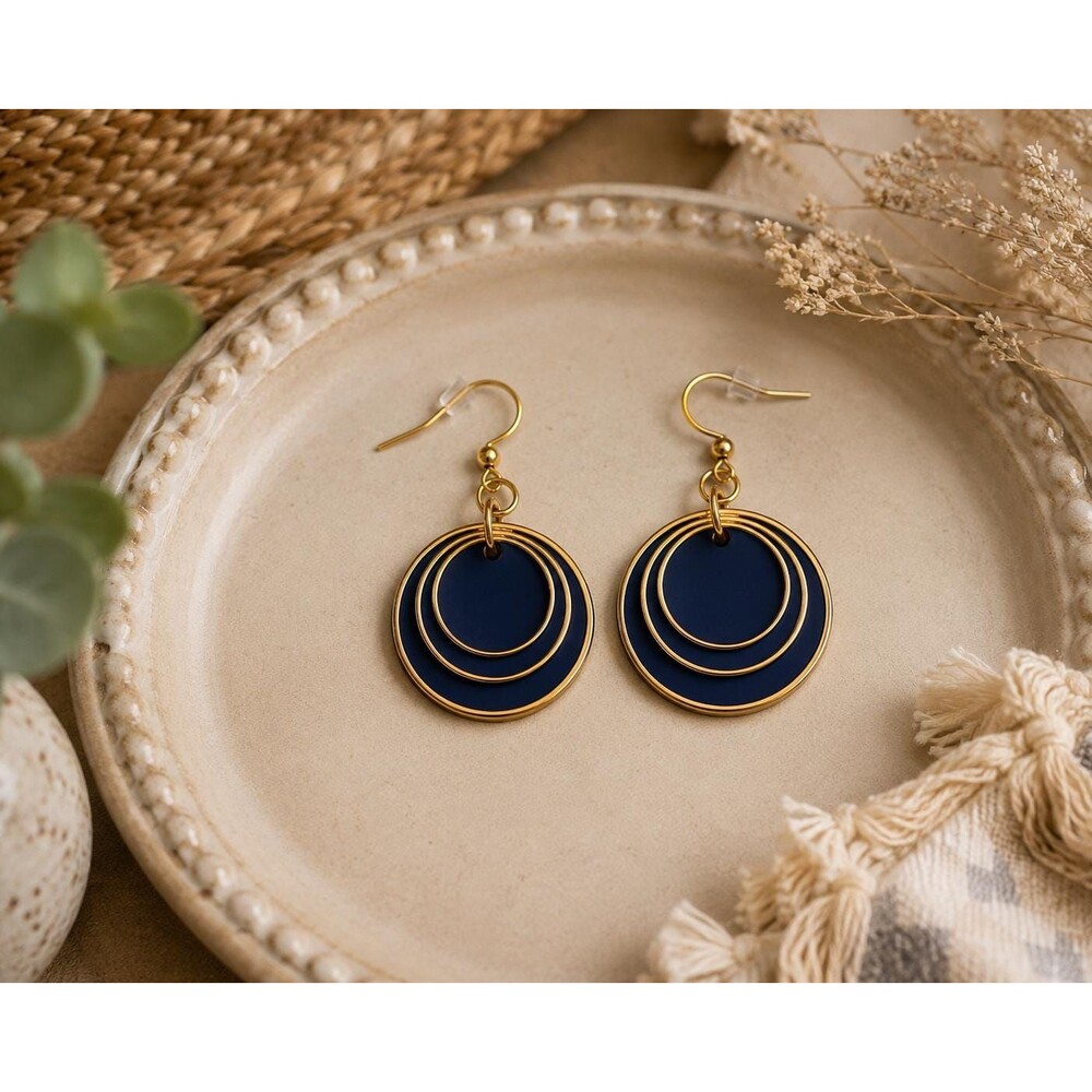 Navy Blue Polymer Clay Earrings | Boho Dangle | Lightweight Statement Earrings